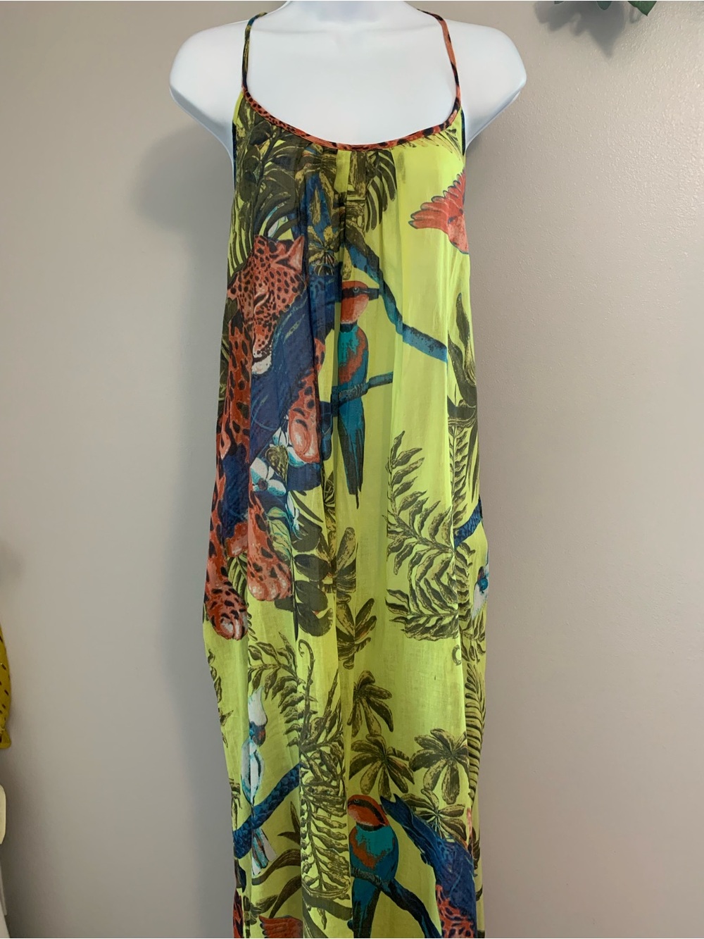 Lime Green Tropical Print Spaghetti Strap Maxi Dress